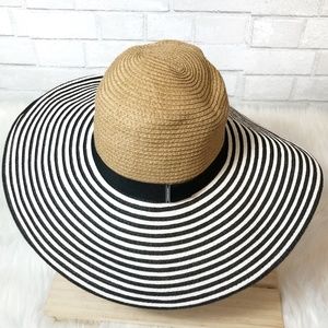 BCBG MaxAzria Black & White Striped Beige Floppy Paper Sun Beach Wide Brim Hat